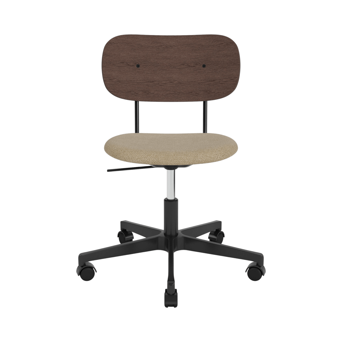 The Co Task Chair featuring a beige bouclé upholstered seat, dark-stained oak back, and black swivel base with castors.