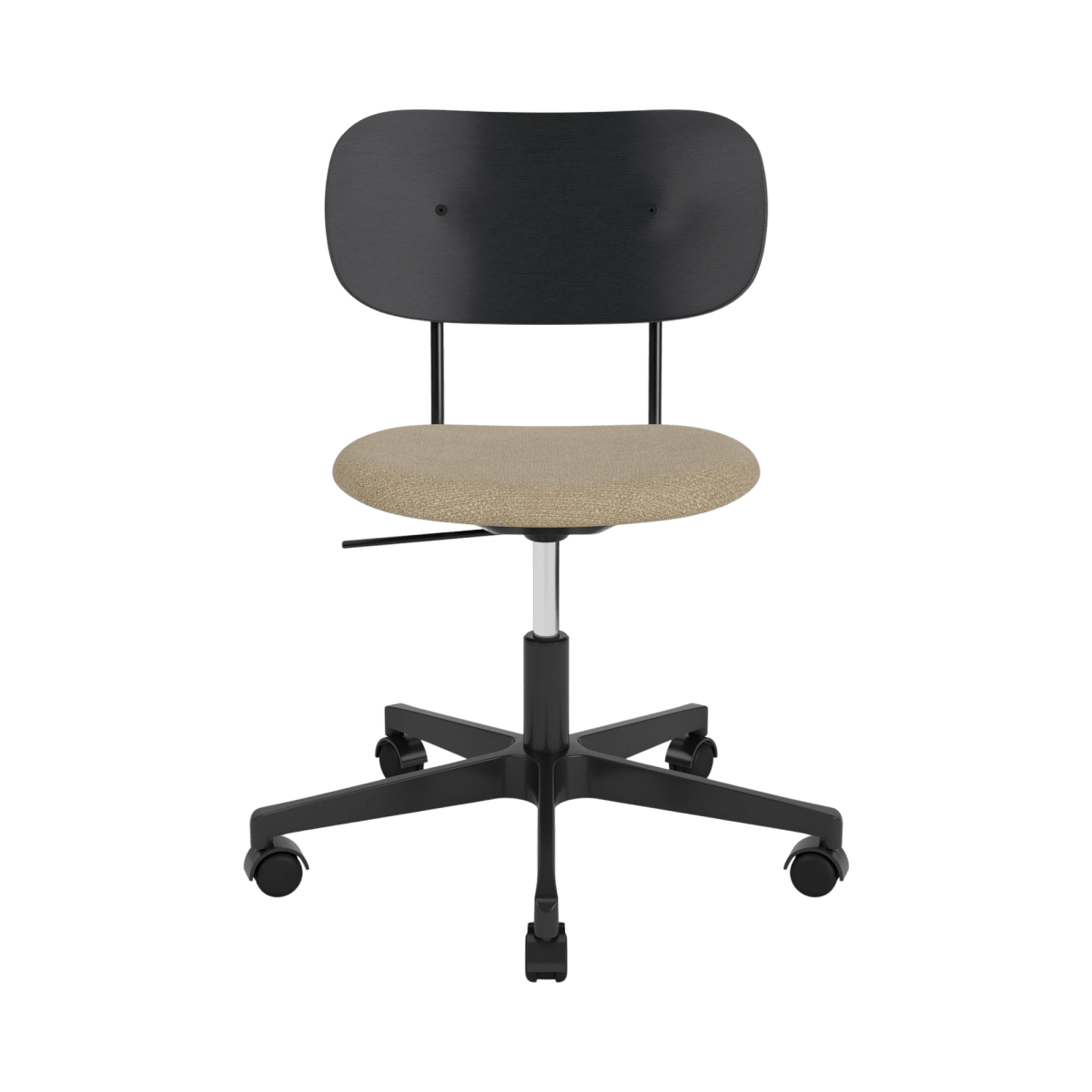 Co Task Chair without arms, featuring a black stained oak back and Audo Bouclé 02 upholstered seat on a black swivel base.