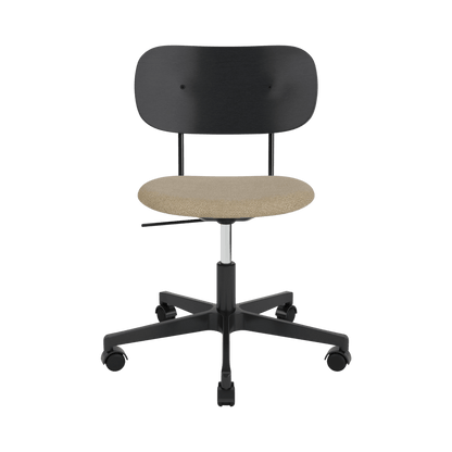 Co Task Chair without arms, featuring a black stained oak back and Audo Bouclé 02 upholstered seat on a black swivel base.