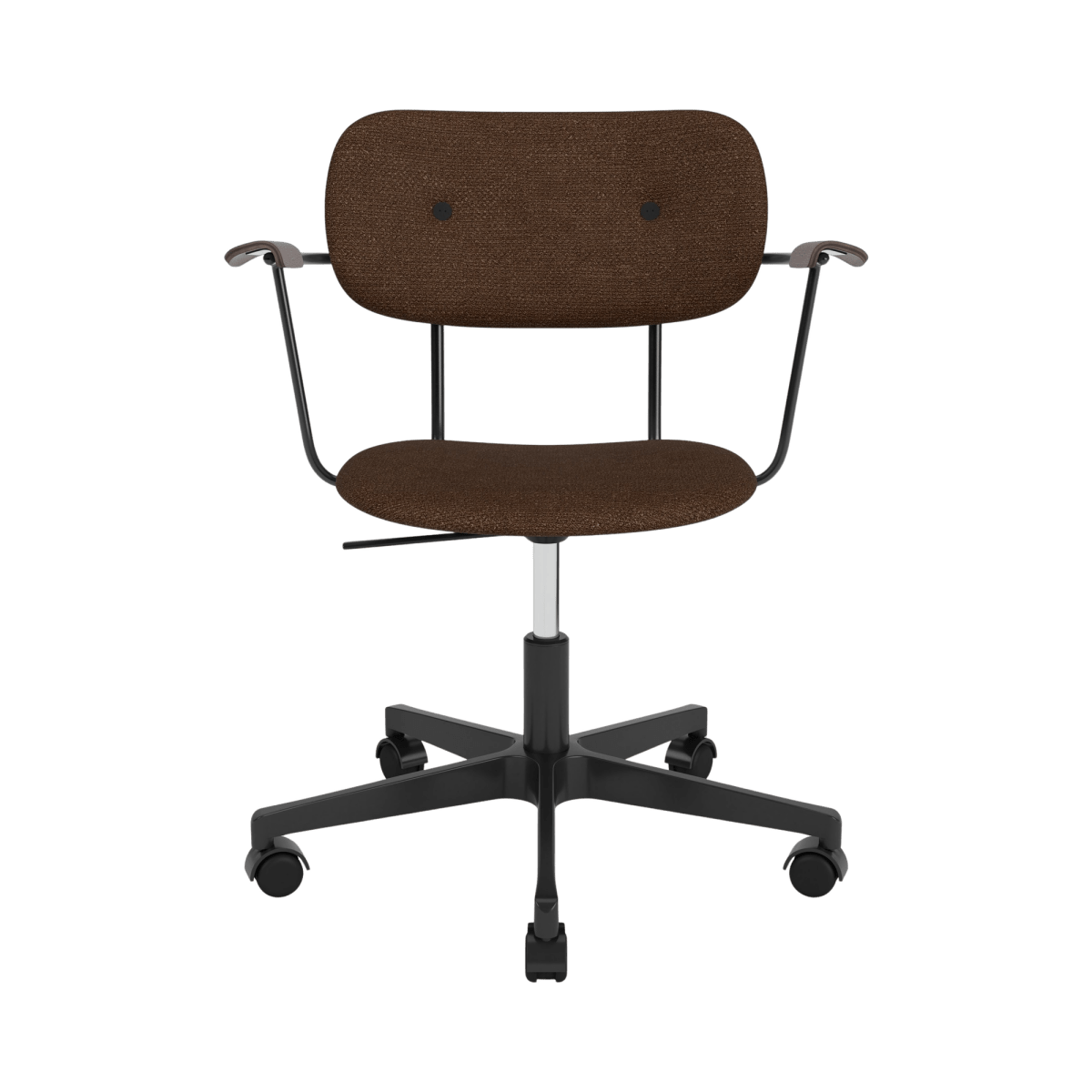 Co Task Chair in dark brown Bouclé 07 upholstery with dark stained oak armrests and a black five-star swivel base.
