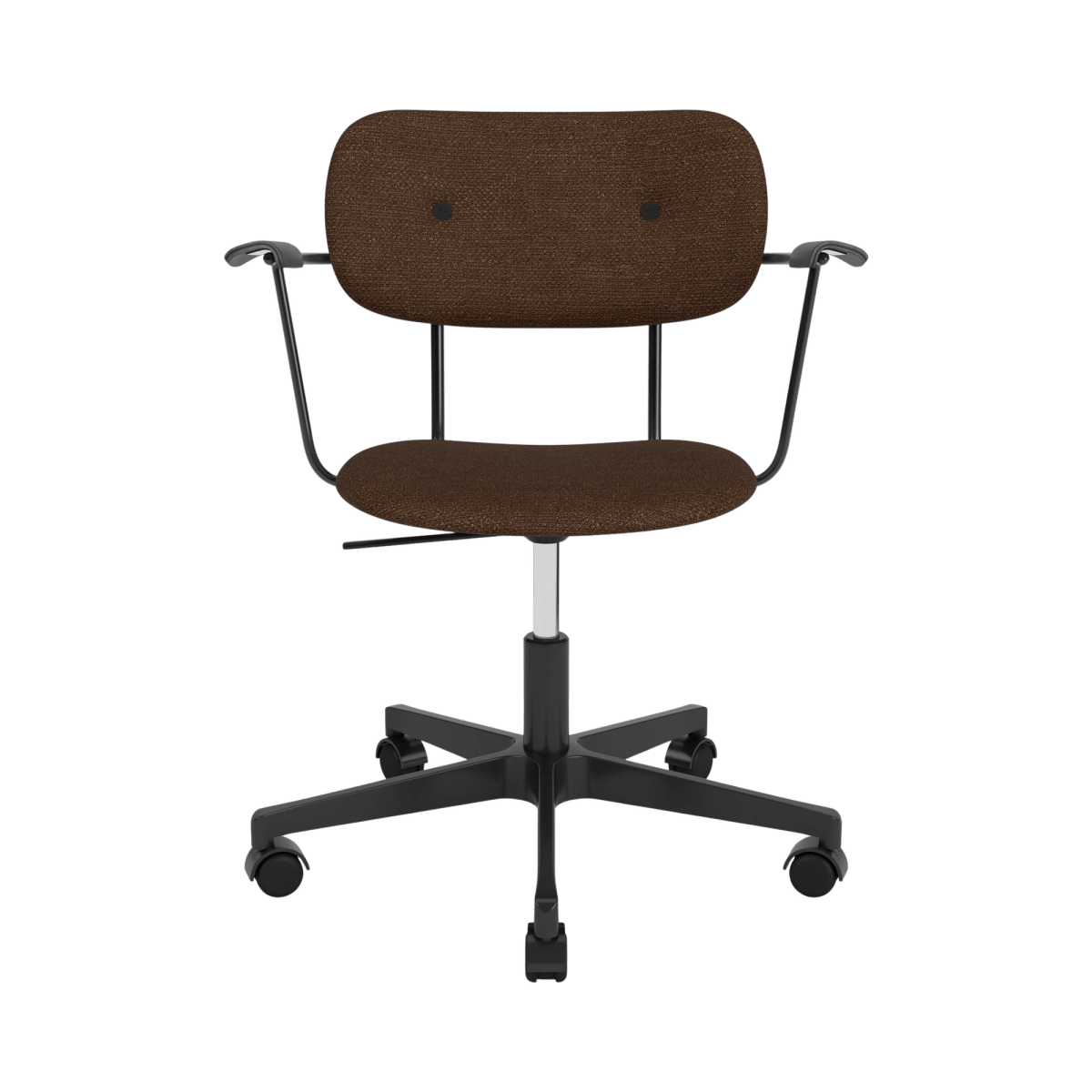 Front view of the Co Task Chair in brown Bouclé 07 upholstery with black arms and a black swivel base on casters.