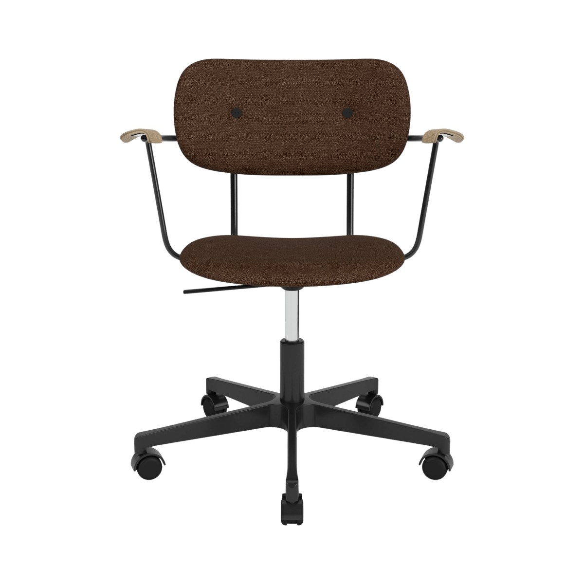 Fully upholstered Co Task Chair featuring brown bouclé fabric, natural oak armrests, and a black swivel base with casters.