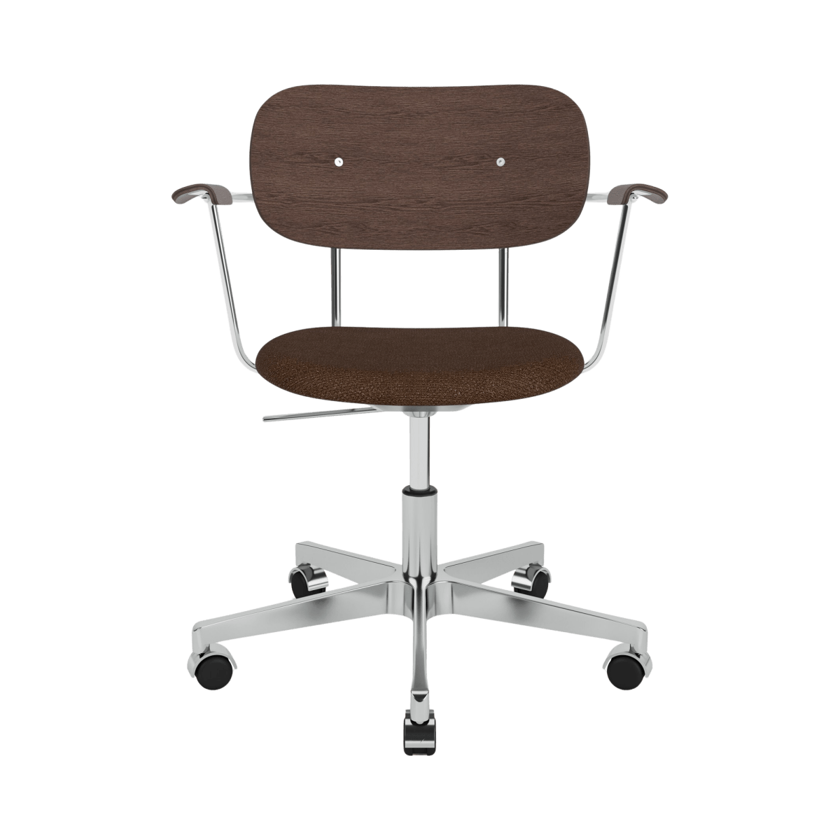 Co Task Chair with dark stained oak back and armrests, brown bouclé seat, and polished chrome swivel base with casters.