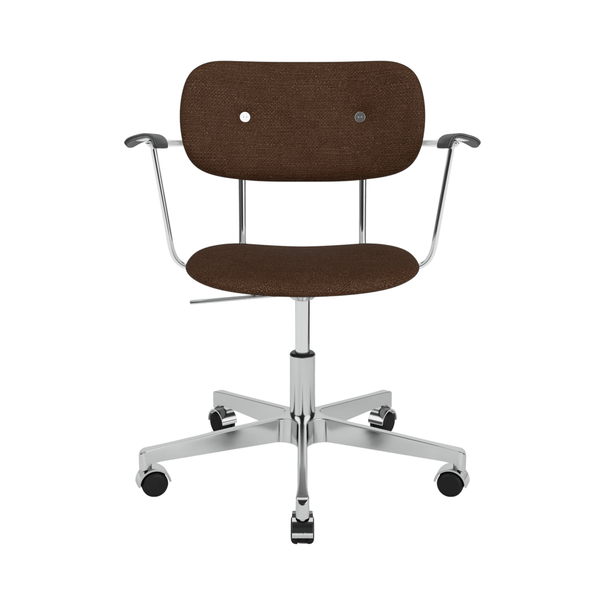 Front view of the Co Task Chair with Arms, featuring brown Bouclé 07 upholstery and a polished chrome swivel base.