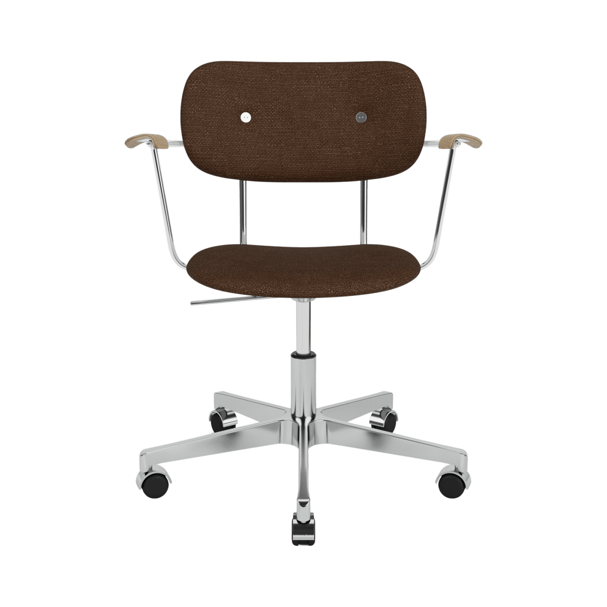 Co Task Chair with arms, featuring brown Bouclé 07 upholstery, a chrome swivel base, and natural oak armrest details.