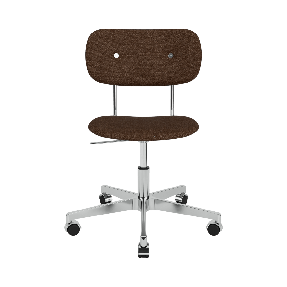 Co Task Chair without arms, Fully Upholstered in brown Bouclé 07, with a five-star chrome swivel base and casters.