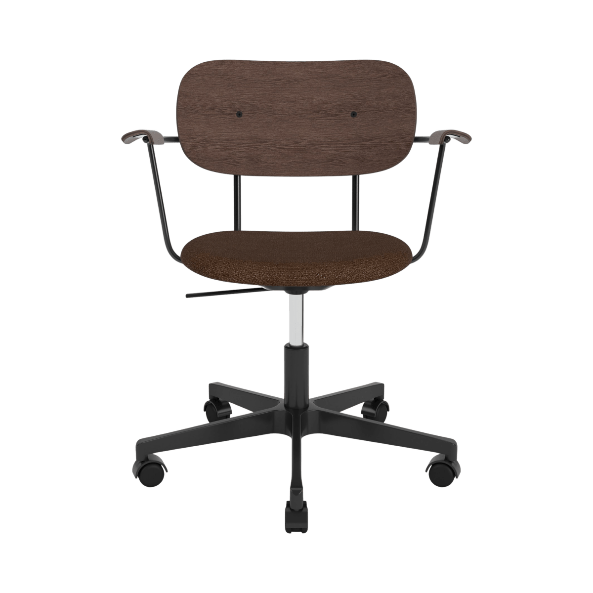 Co Task Chair with Arms featuring a dark stained oak back, Bouclé 07 upholstered seat, and a black swivel base on casters.