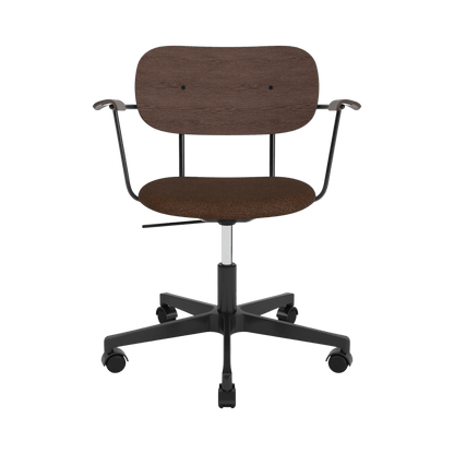Co Task Chair with Arms featuring a dark stained oak back, Bouclé 07 upholstered seat, and a black swivel base on casters.