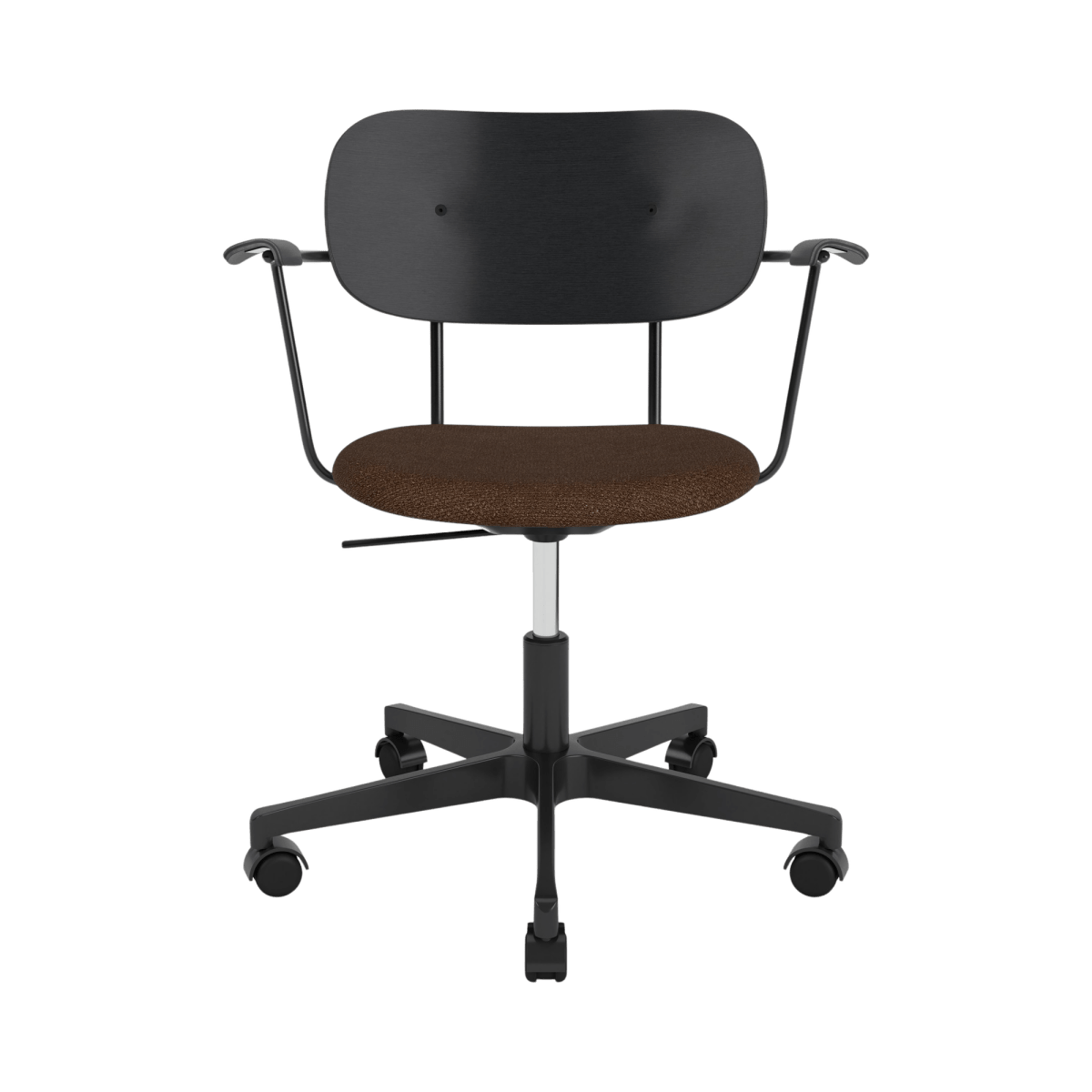 Co Task Chair featuring a brown Bouclé seat, black painted oak backrest, and a black swivel base with casters.