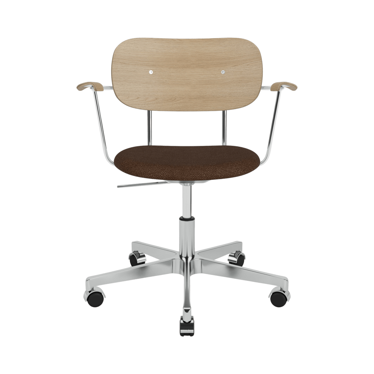 Co Task Chair with natural oak back and armrests, dark brown Bouclé 07 upholstered seat, and a polished chrome swivel base.