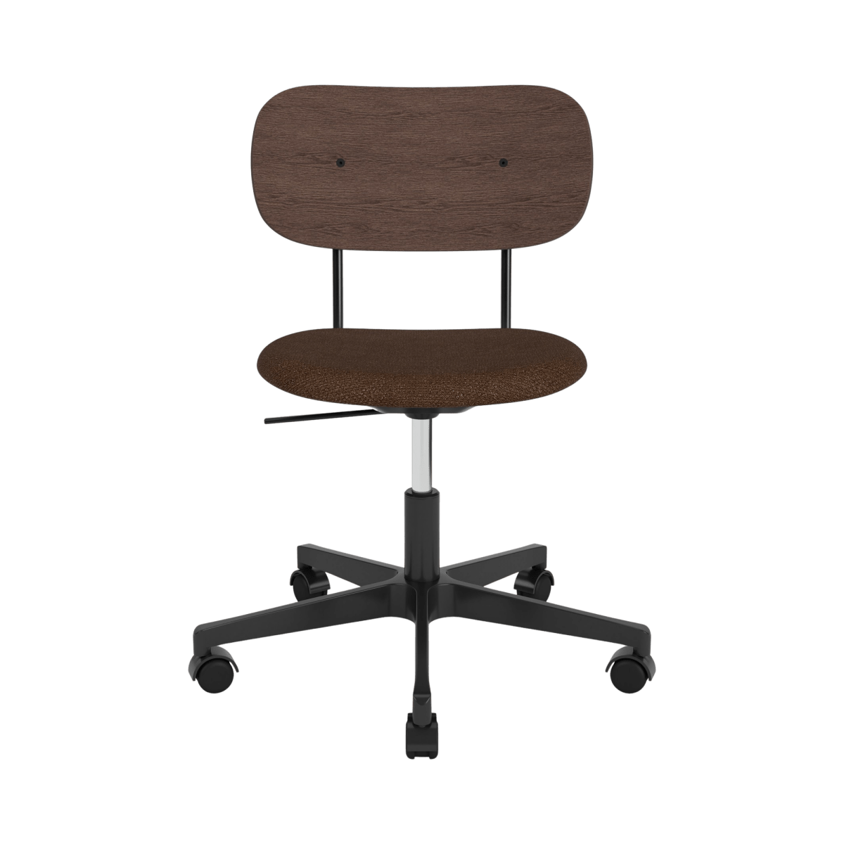 Co Task Chair featuring a dark stained oak back and brown bouclé seat, on a black five-star swivel base with castors.