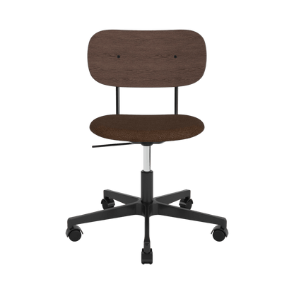 Co Task Chair featuring a dark stained oak back and brown bouclé seat, on a black five-star swivel base with castors.