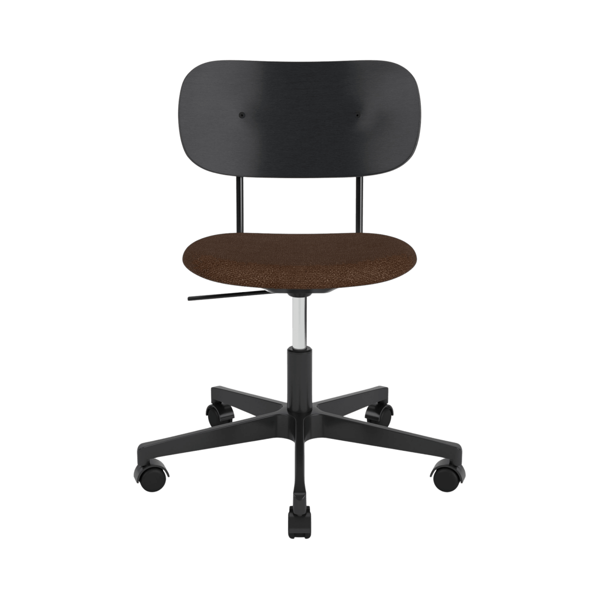 Co Task Chair with a black painted oak back, brown Audo Bouclé upholstered seat, and black swivel base with castors.