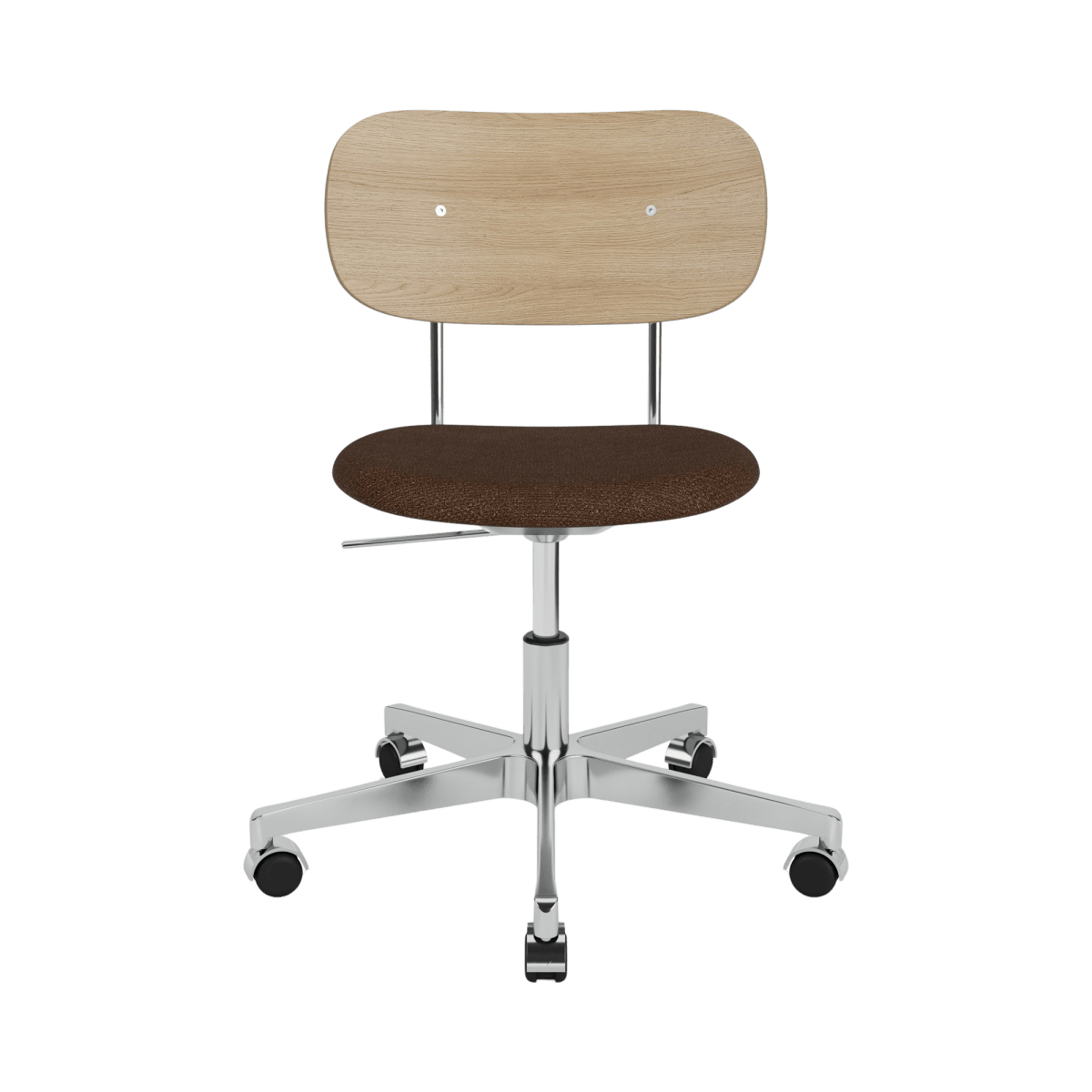 Co Task Chair with a brown Bouclé 07 upholstered seat and natural oak backrest on a polished chrome swivel base.