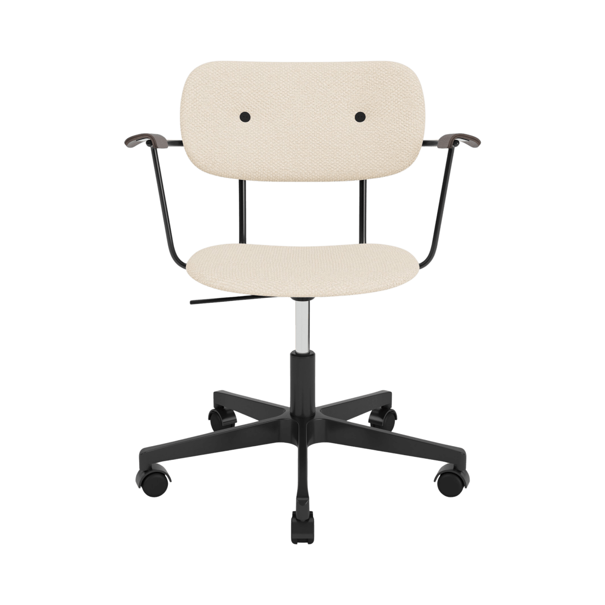 Front view of the Co Task Chair with Arms, featuring Logan Jasmine upholstery and dark stained oak armrests.