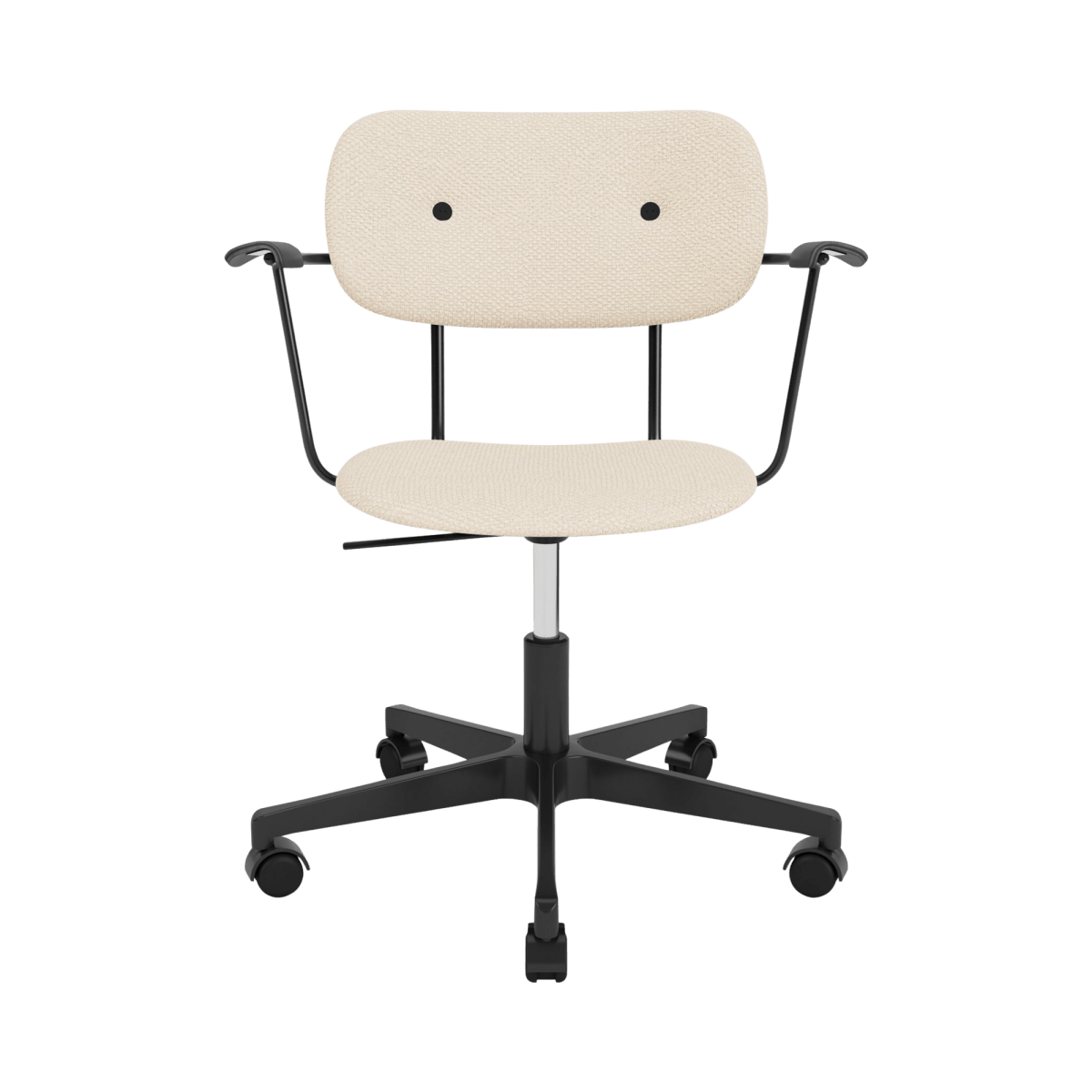 Co Task Chair in Logan Jasmine upholstery with black painted oak armrests and a black swivel base with casters.