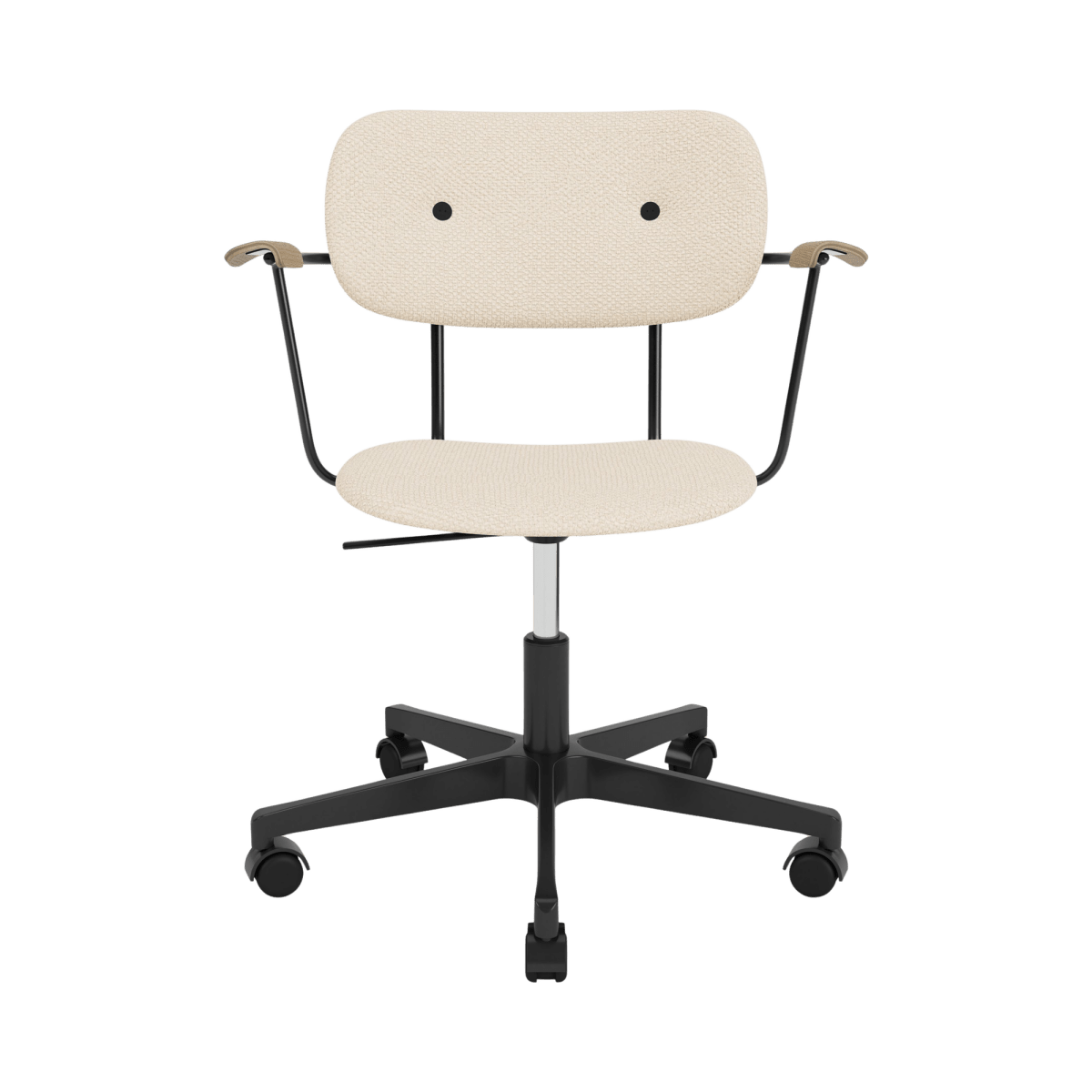 Co Task Chair with Logan Jasmine upholstery, natural oak armrests, and a black height-adjustable swivel base on casters.