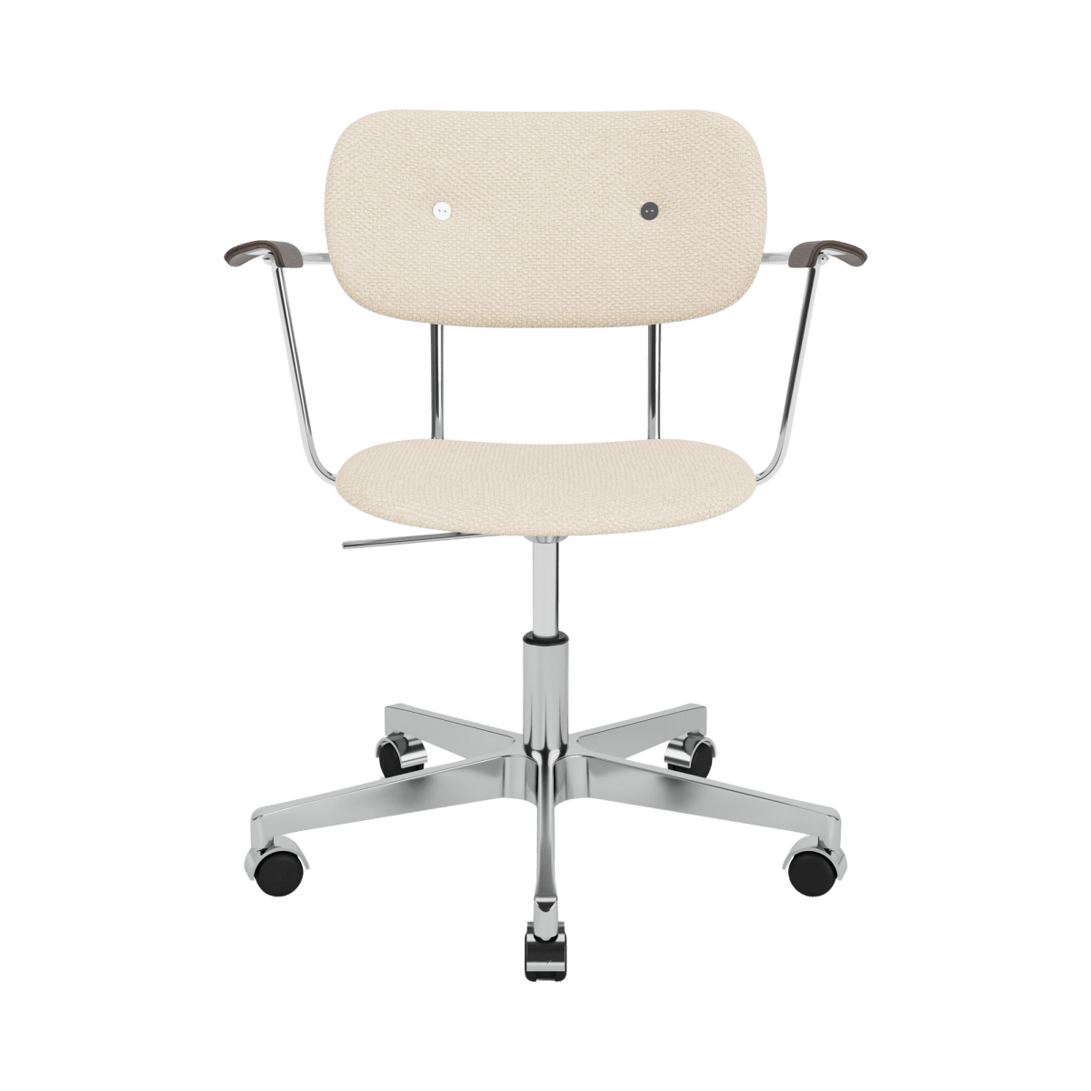 Co Task Chair with Arms in Logan Jasmine fabric, with a polished chrome swivel base and dark stained oak armrests.