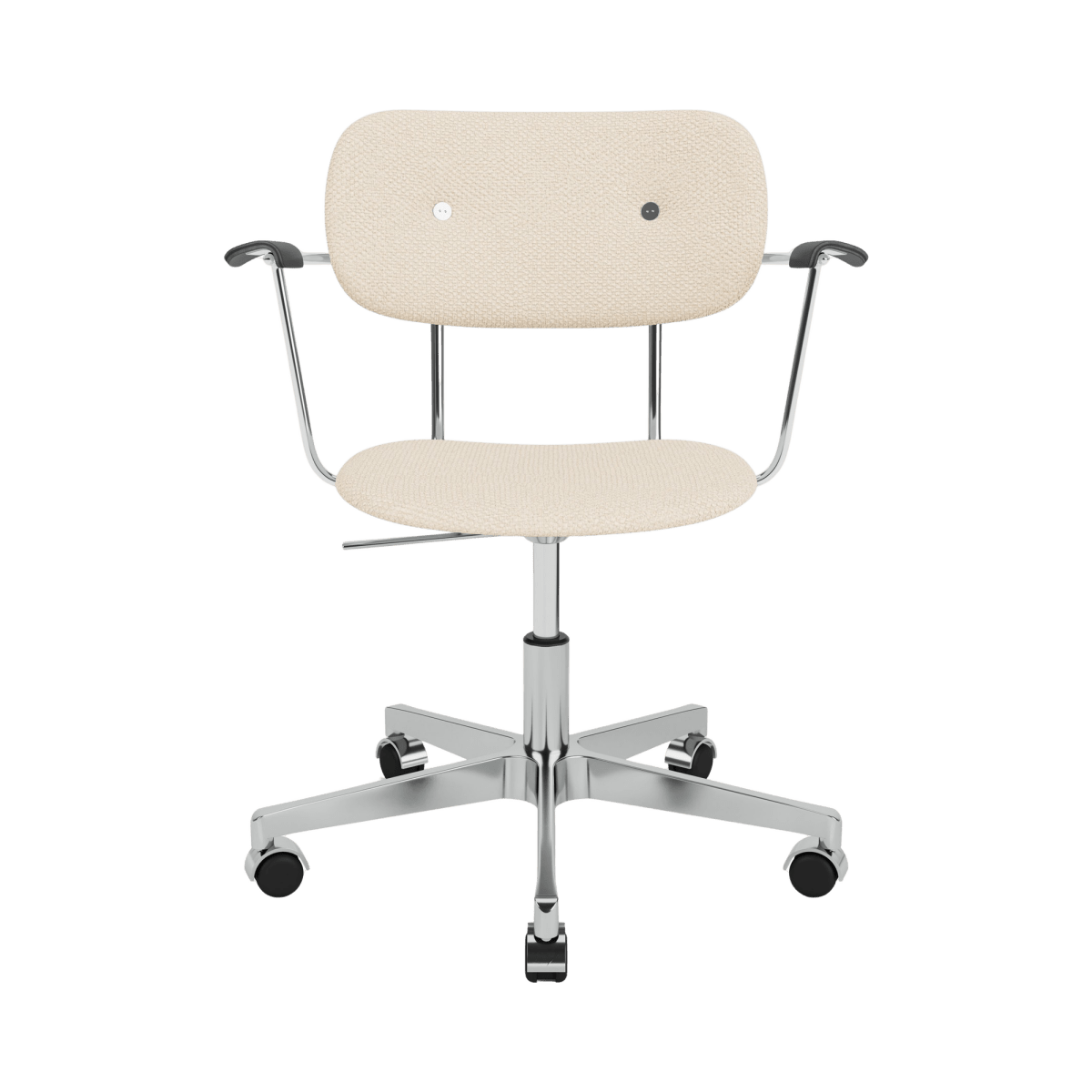 Front view of the Co Task Chair in Logan Jasmine upholstery with black oak armrests and a chrome swivel base on casters.