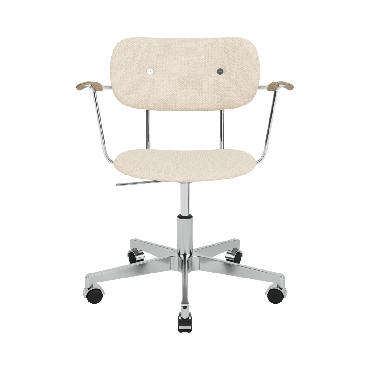 Co Task Chair in Logan Jasmine upholstery featuring natural oak armrests and a chrome five-star base with casters.