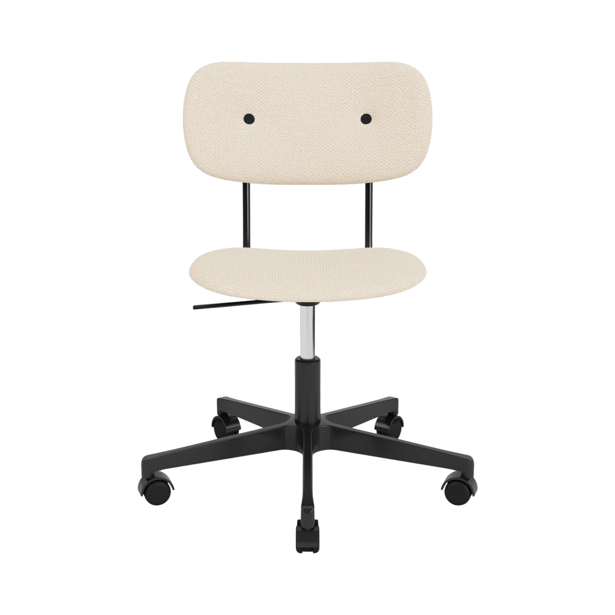 Front view of the Co Task Chair in Logan Jasmine upholstery with a black five-star swivel base on casters.