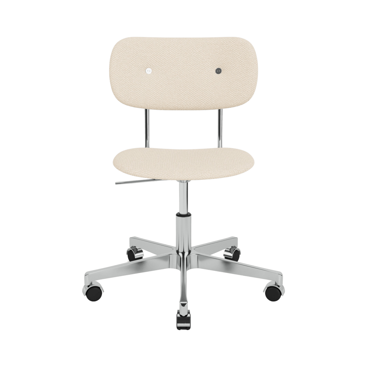 Co Task Chair without arms, upholstered in Logan Jasmine fabric with a polished chrome five-star base and casters.