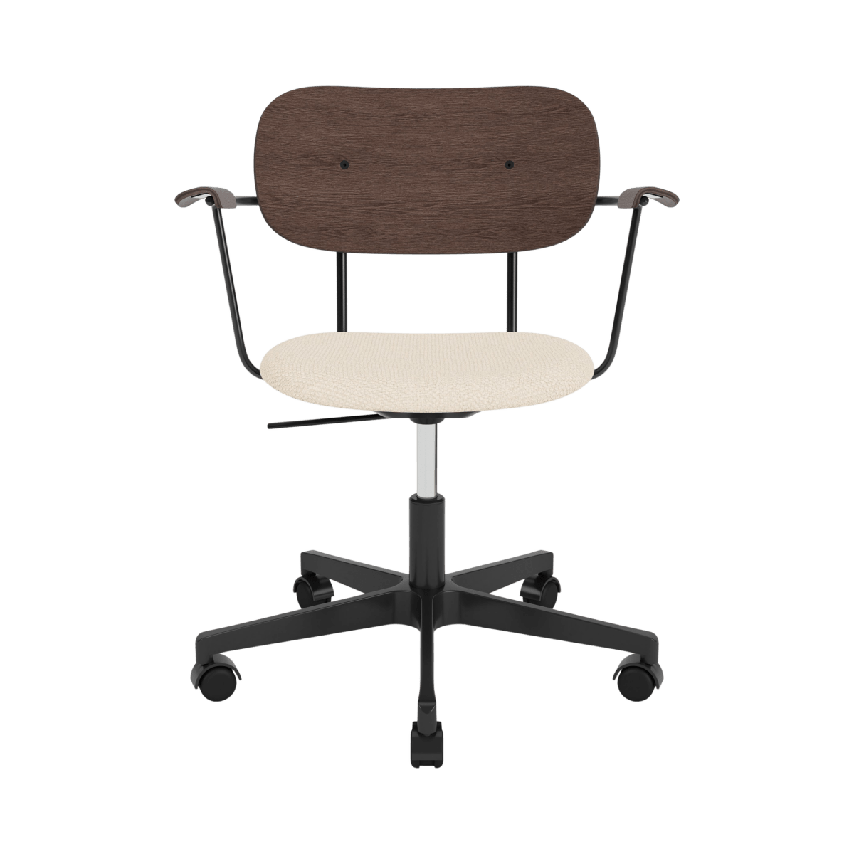 Co Task Chair with arms, dark stained oak back and armrests, Logan Jasmin upholstered seat, and a black swivel base.
