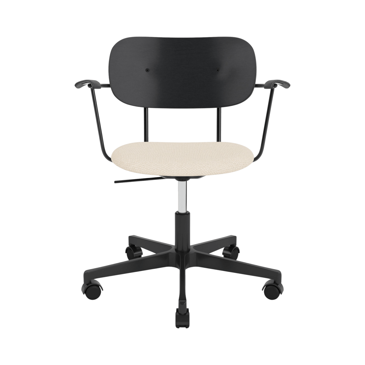 Co Task Chair with Logan Jasmine upholstered seat, black painted oak back, armrests, and a black swivel base with casters.