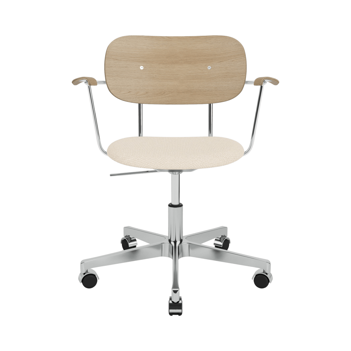 Co Task Chair with Arms featuring a natural oak backrest and armrests, Logan Jasmine upholstery, and a chrome base.