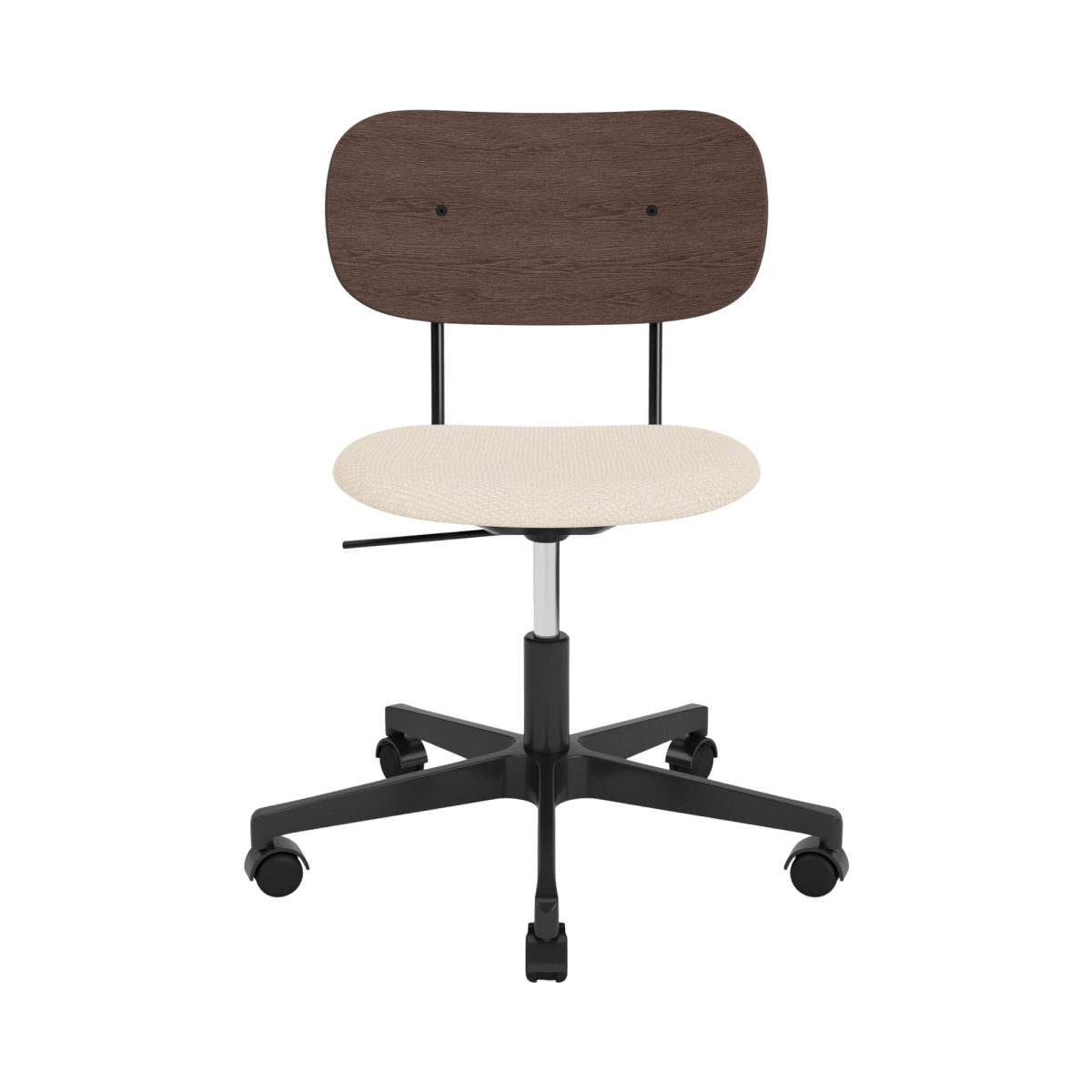 Co Task Chair with a dark stained oak back and Logan Jasmine upholstered seat on a black swivel base with castors.