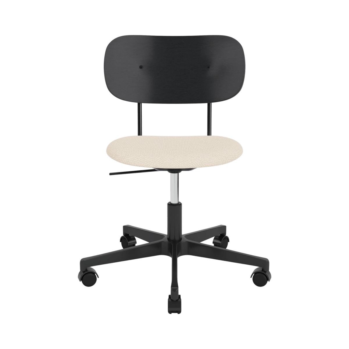 Co Task Chair featuring a black painted oak back and Logan Jasmin upholstered seat on a black five-star swivel base.