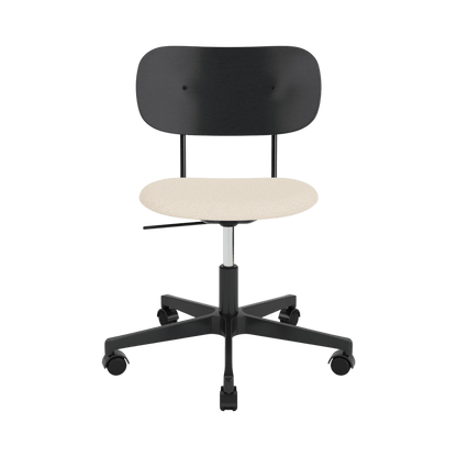 Co Task Chair featuring a black painted oak back and Logan Jasmin upholstered seat on a black five-star swivel base.