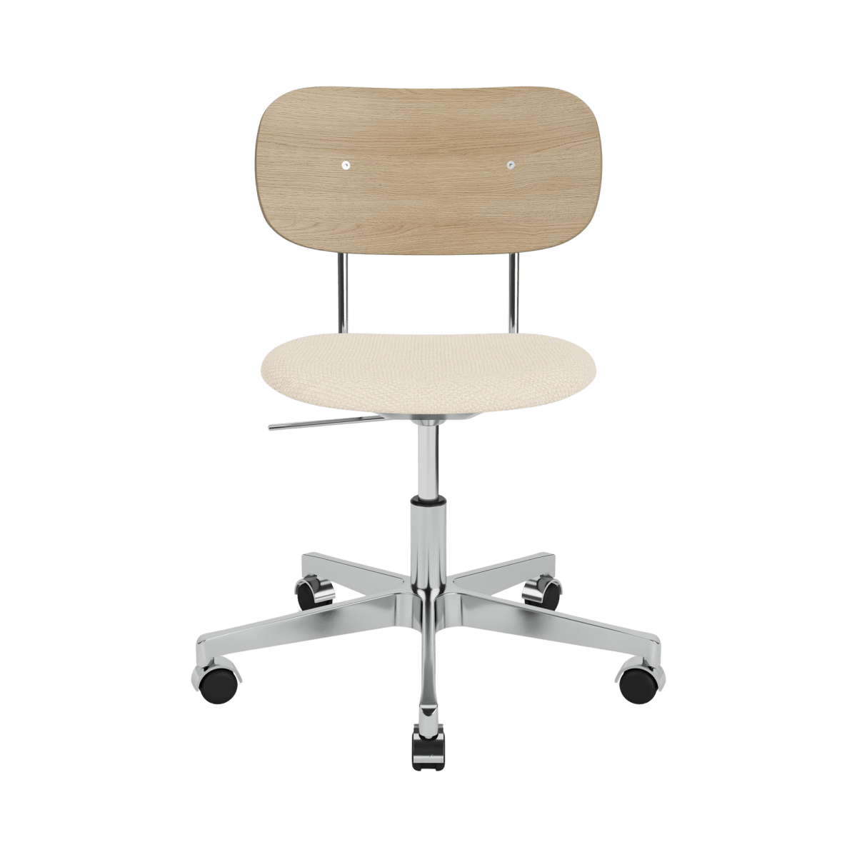 Front view of the Co Task Chair with a Logan Jasmine upholstered seat, natural oak backrest, and chrome swivel base.