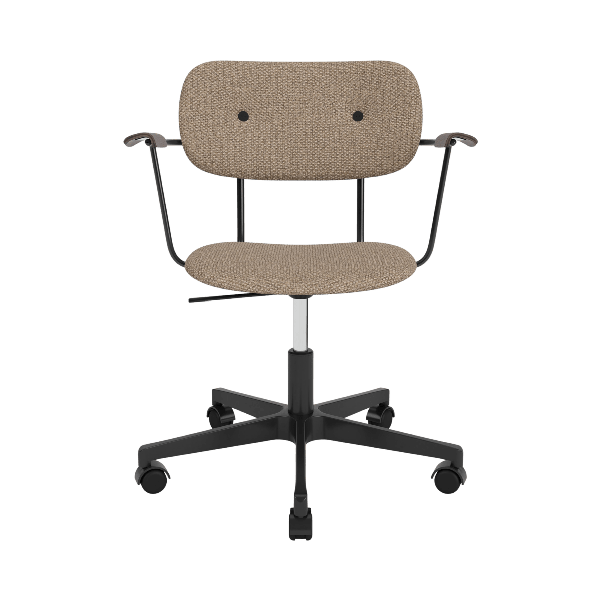 Logan Flint upholstered Co Task Chair with dark stained oak armrests and a black five-star swivel base with casters.