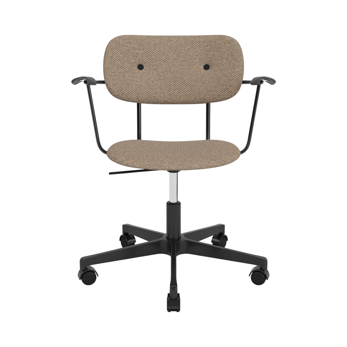 Co Task Chair with arms, fully upholstered in Logan Flint fabric with a black five-star swivel base and casters.