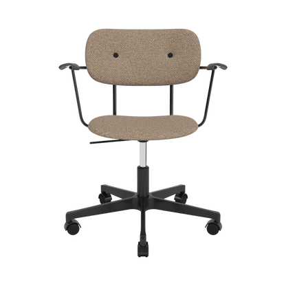 Co Task Chair with arms, fully upholstered in Logan Flint fabric with a black five-star swivel base and casters.