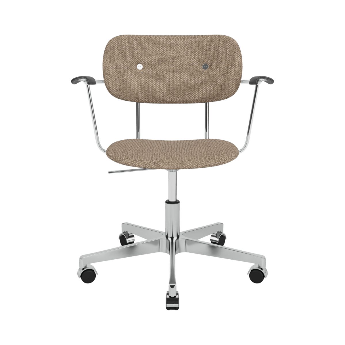 Co Task Chair with arms, fully upholstered in Logan Flint fabric with black oak armrests and a chrome swivel base.