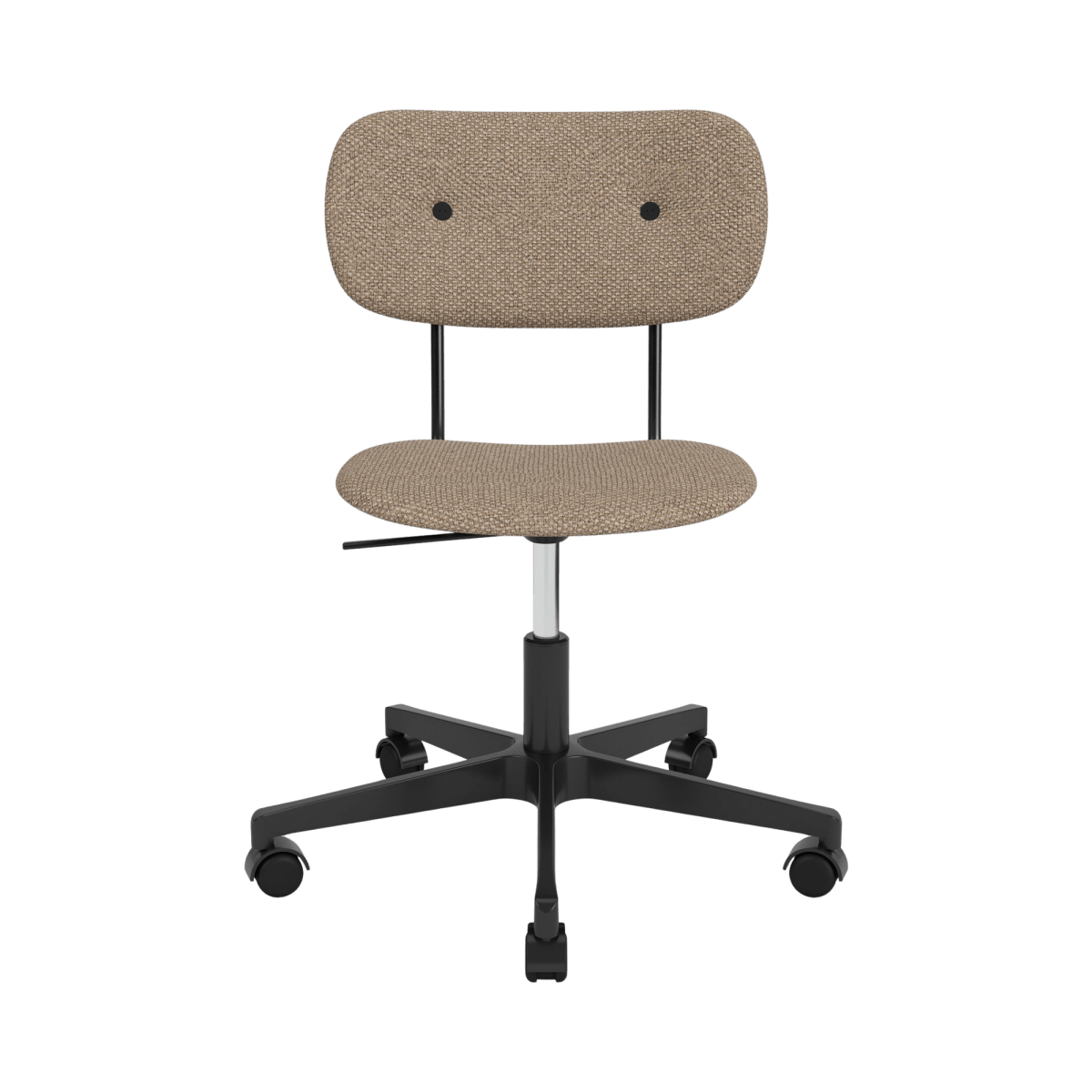 Front view of the Co Task Chair in Logan Flint upholstery, featuring a minimalist black swivel base and casters.