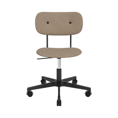 Front view of the Co Task Chair in Logan Flint upholstery, featuring a minimalist black swivel base and casters.