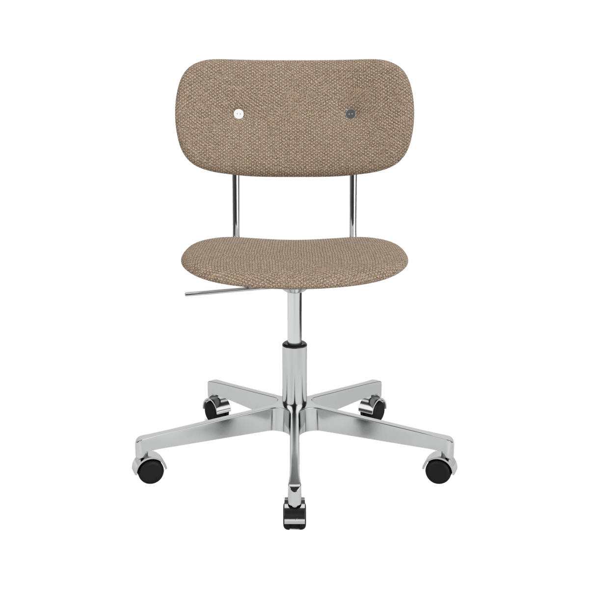 Front view of the Co Task Chair without arms, fully upholstered in Logan Flint with a five-star Chrome swivel base.