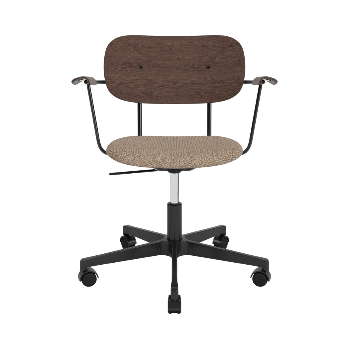 Co Task Chair with arms, featuring a dark-stained oak backrest, Logan Flint upholstered seat, and a black swivel base.