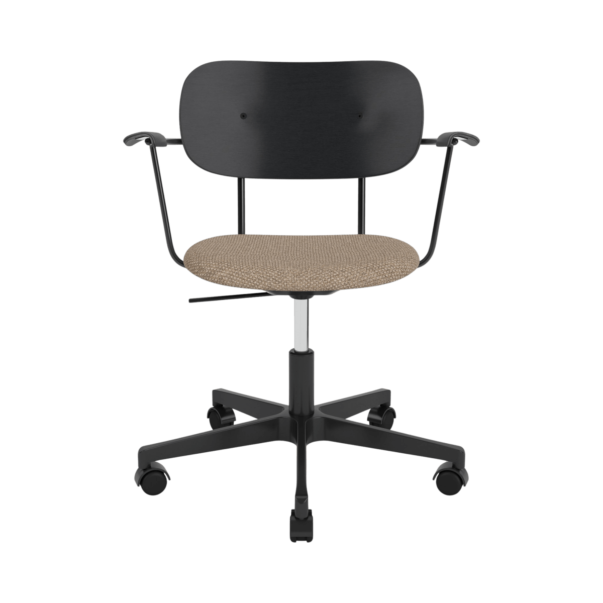 Co Task Chair with Arms featuring a black painted oak back, Logan Flint upholstered seat, and black swivel base with casters.