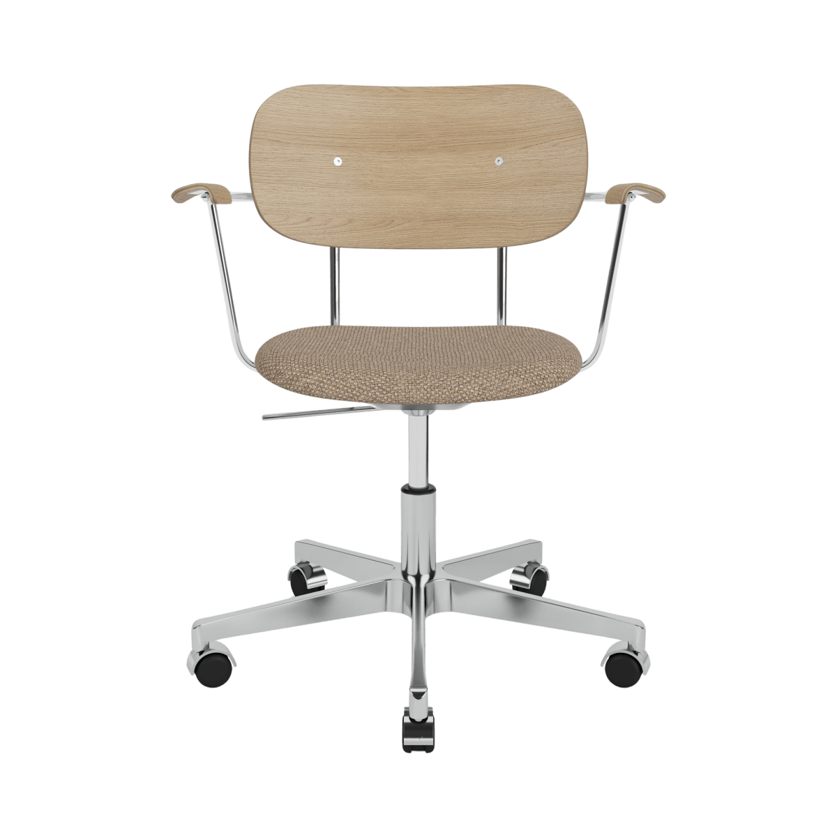 Co Task Chair with arms, featuring natural oak back and armrests, Logan Flint upholstered seat, and a chrome swivel base.