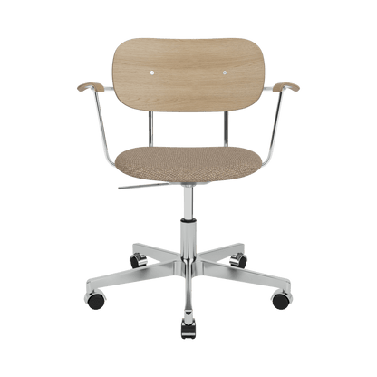 Co Task Chair with arms, featuring natural oak back and armrests, Logan Flint upholstered seat, and a chrome swivel base.