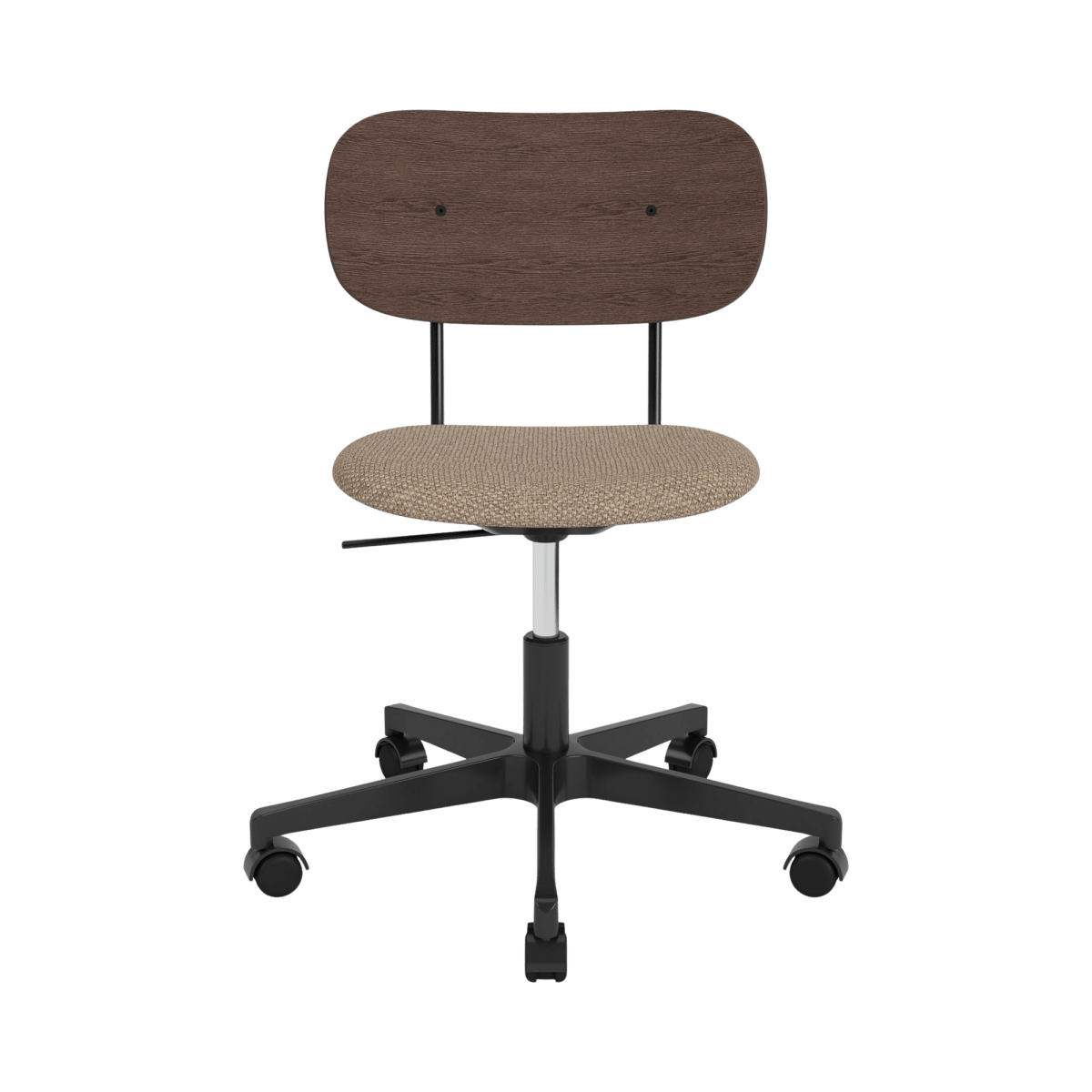 Co Task Chair with a Logan Flint upholstered seat and dark stained oak back on a black swivel base with castors.