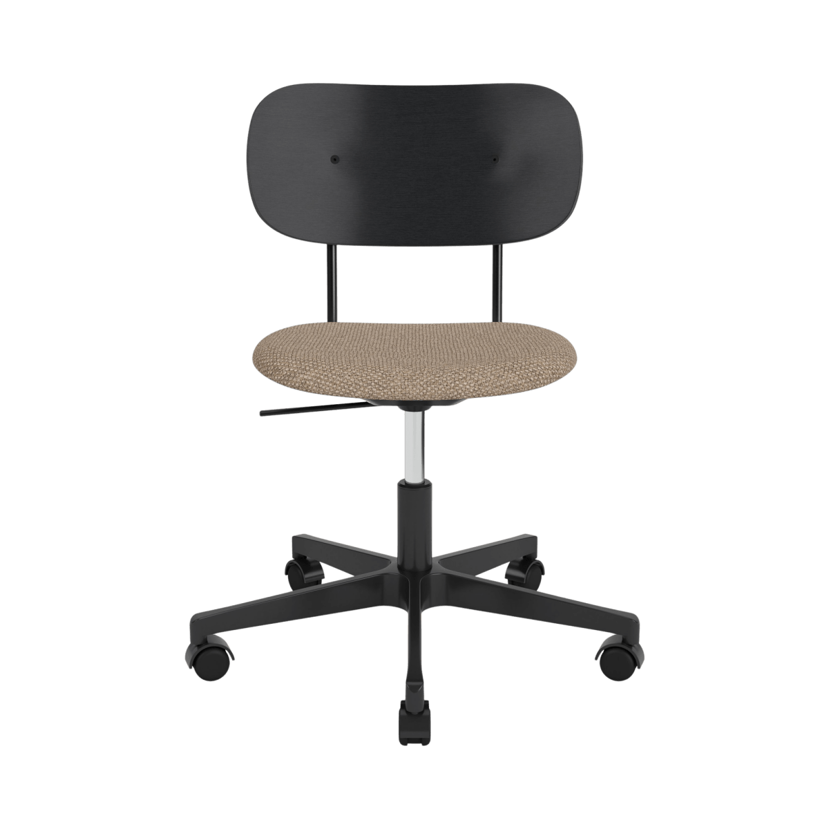 Co Task Chair featuring a black painted oak back and Logan Flint upholstered seat on a black five-star swivel base.