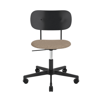 Co Task Chair featuring a black painted oak back and Logan Flint upholstered seat on a black five-star swivel base.