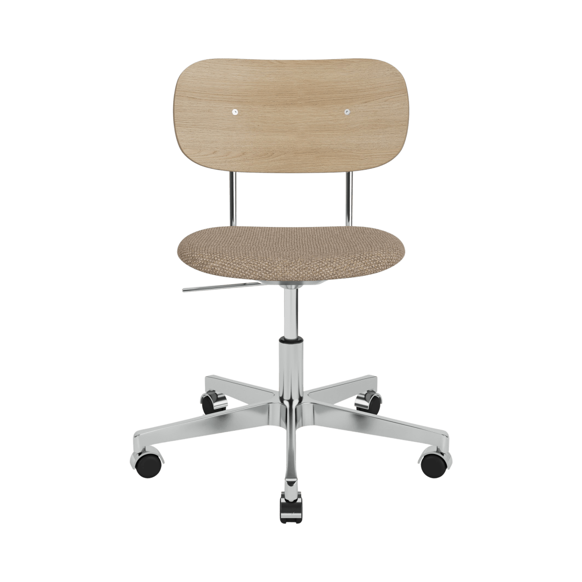 Co Task Chair with a Logan Flint upholstered seat, natural oak backrest, and a polished chrome swivel base.