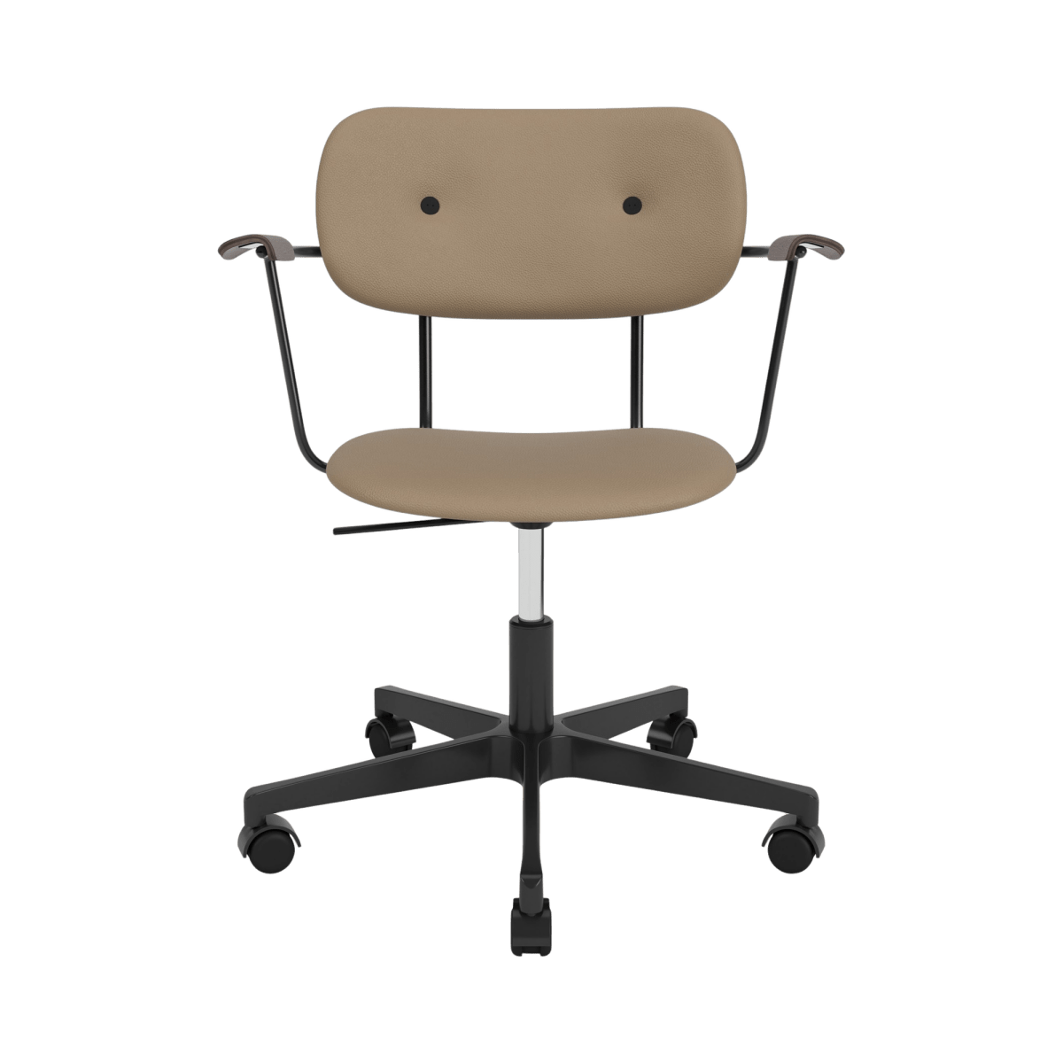 Co Task Chair in tan Sierra 1611 upholstery with dark stained oak armrests and a black swivel base on casters.