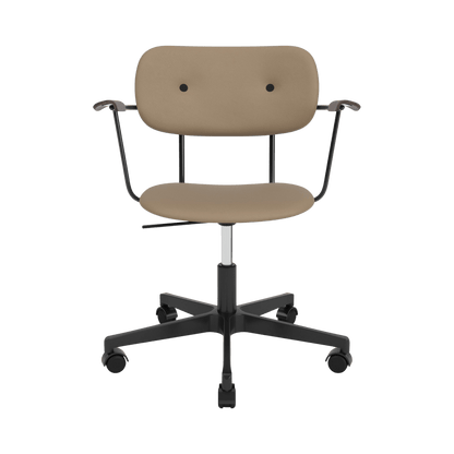 Co Task Chair in tan Sierra 1611 upholstery with dark stained oak armrests and a black swivel base on casters.